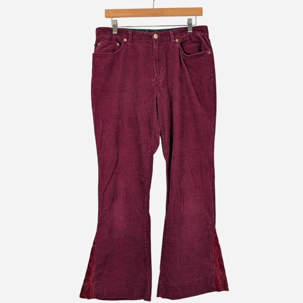 Vintage 90s Ralph Lauren Burgundy Corduroy Flare Pants Floral Embroidered 12